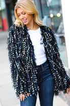 Haptics Dazzling Black & Multicolor Fuzzy Fringe Knit Cardigan Haptics