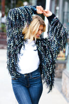 Haptics Dazzling Black & Multicolor Fuzzy Fringe Knit Cardigan Haptics