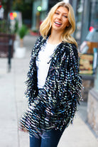 Haptics Dazzling Black & Multicolor Fuzzy Fringe Knit Cardigan Haptics