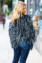 Haptics Dazzling Black & Multicolor Fuzzy Fringe Knit Cardigan Haptics