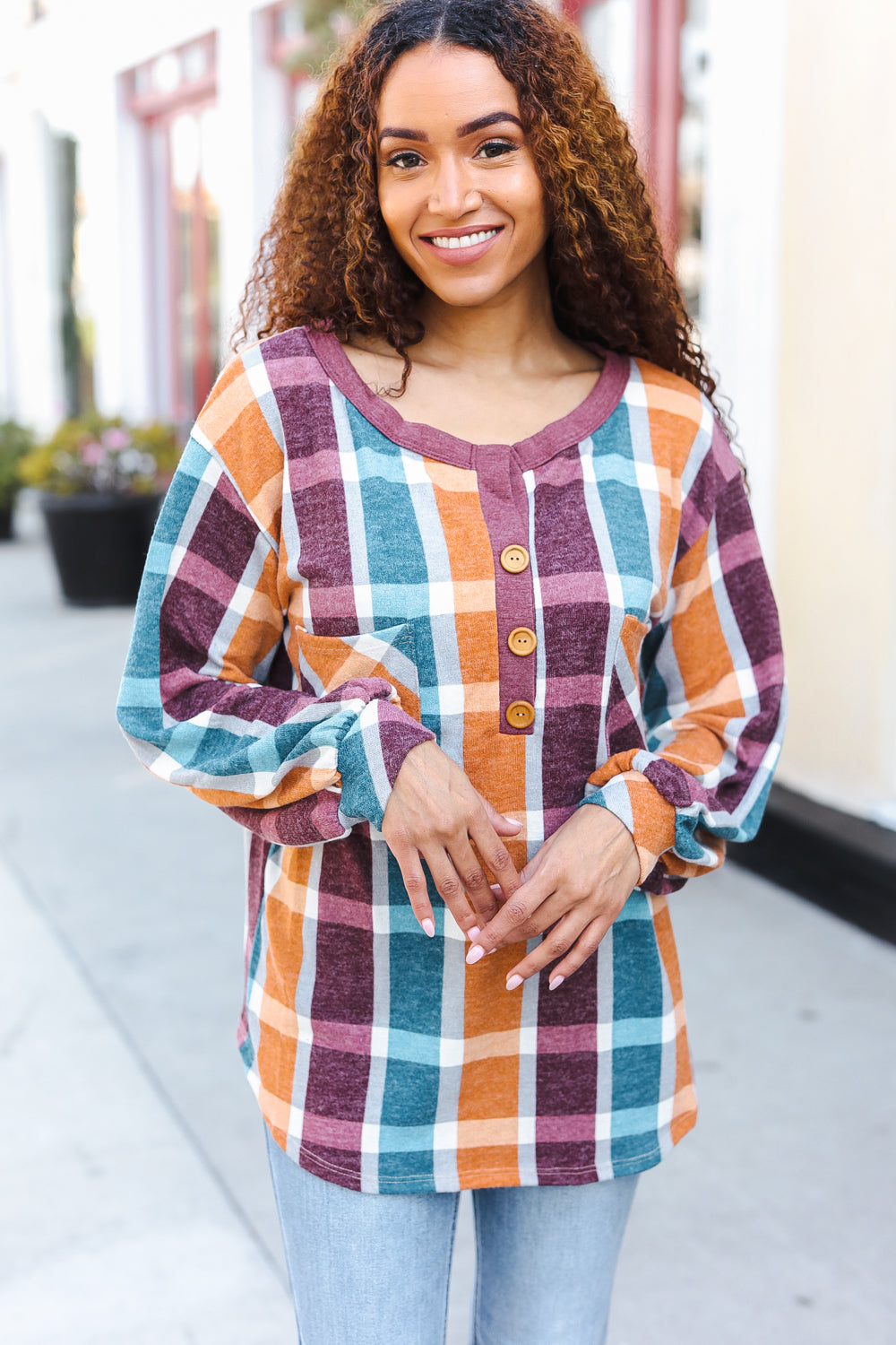 BiBi Adorable In Plaid French Terry Henley Pocket Top Shirts & Tops