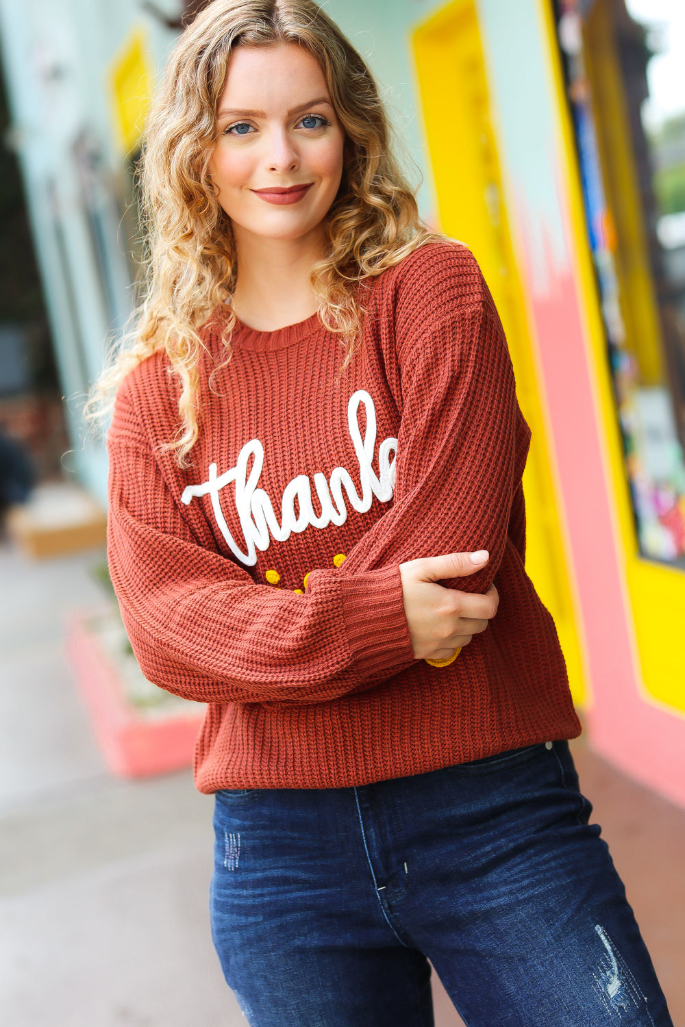 Haptics Thanksgiving Pop Up Embroidery Chunky Sweater Haptics