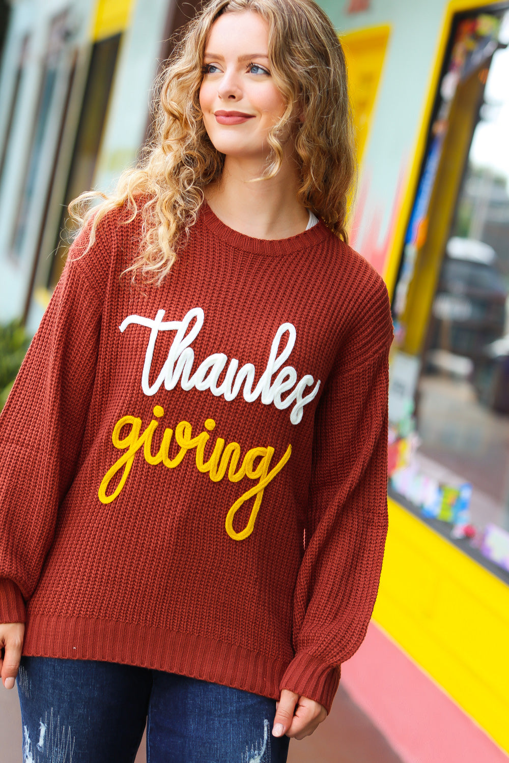 Haptics Thanksgiving Pop Up Embroidery Chunky Sweater Haptics