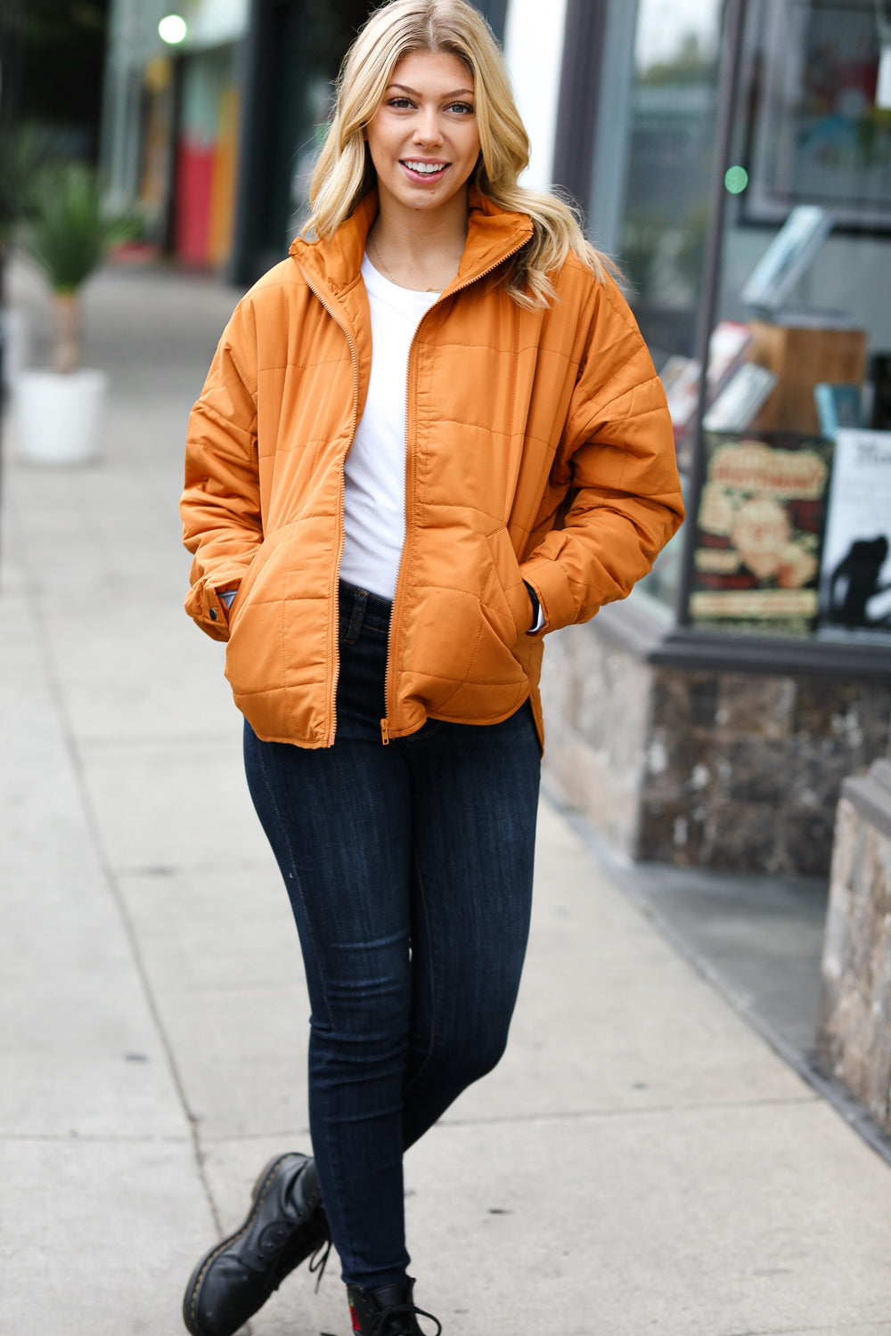 Haptics Eyes On You Butterscotch Quilted Puffer Jacket Bloom 2023 Winter Sale