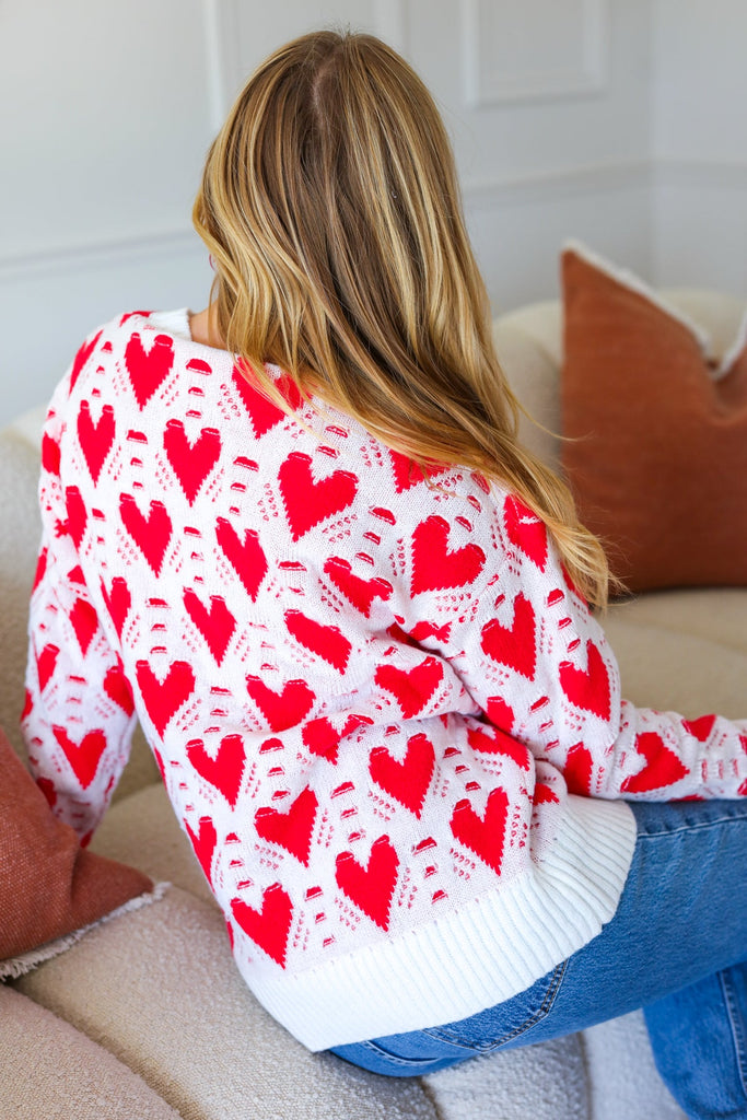 Haptics True Hearts Ivory & Red Heart Oversized Sweater Haptics