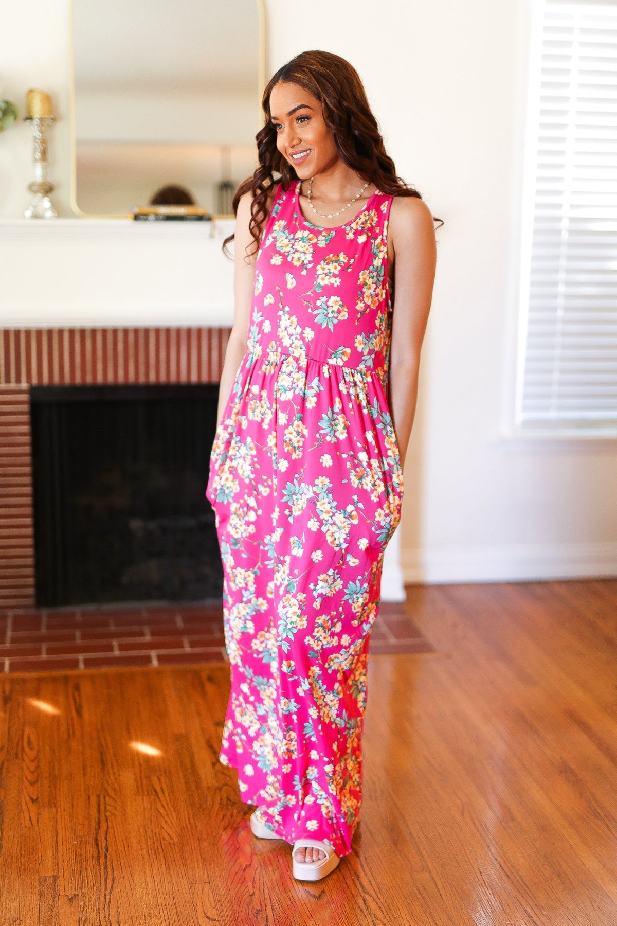 Haptics Pink Floral Print Fit and Flare Sleeveless Maxi Dress Haptics