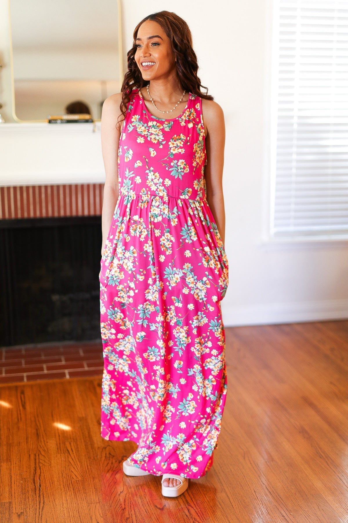 Haptics Pink Floral Print Fit and Flare Sleeveless Maxi Dress Haptics