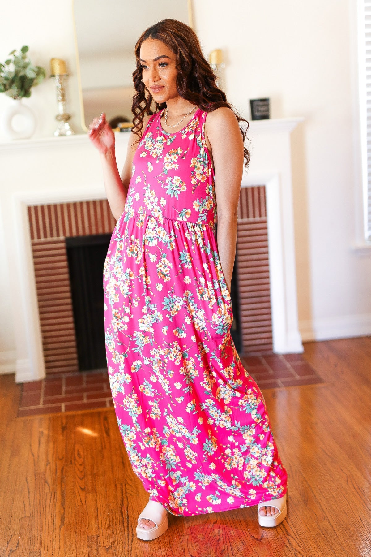 Haptics Pink Floral Print Fit and Flare Sleeveless Maxi Dress Haptics