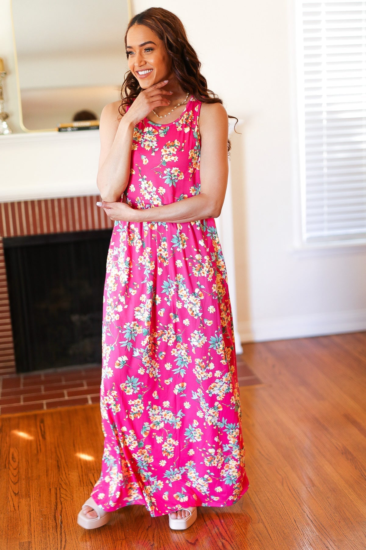 Haptics Pink Floral Print Fit and Flare Sleeveless Maxi Dress Haptics