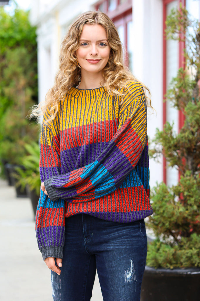 Haptics Take All of Me Mustard & Cerulean Stripe Oversized Sweater Black Friday