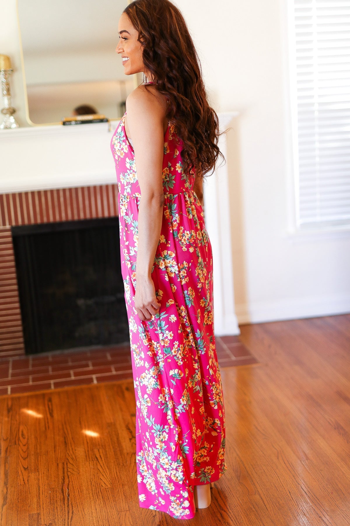 Haptics Pink Floral Print Fit and Flare Sleeveless Maxi Dress Haptics