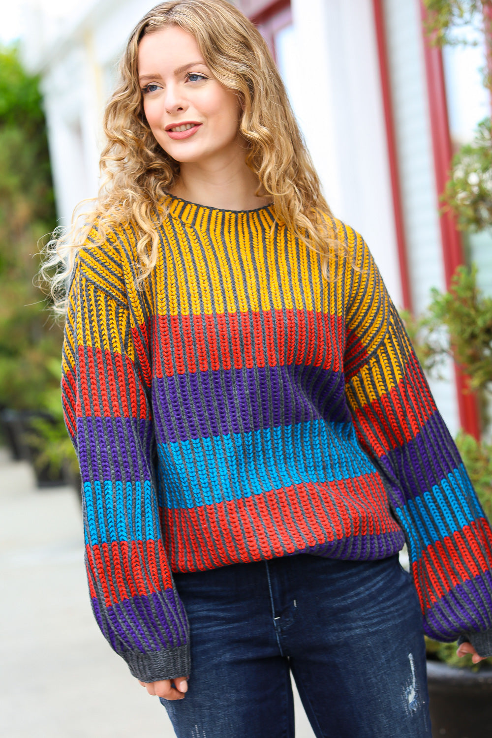 Haptics Mustard & Cerulean Stripe Oversized Sweater Shirts & Tops