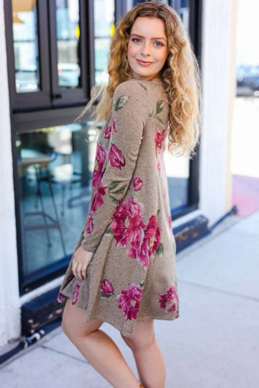 Beeson River True Love Taupe & French Rose Floral Print Long Sleeve Dress Beeson River