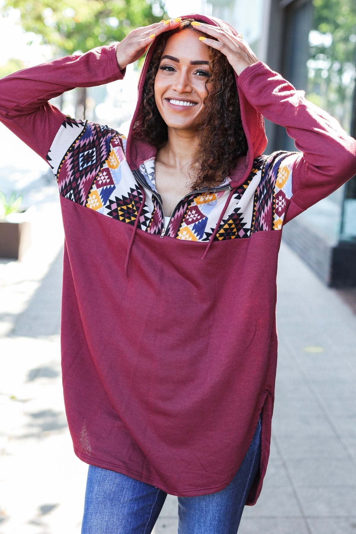 Beeson River Stand Out Burgundy Tribal Print Half Zip Longline Hoodie