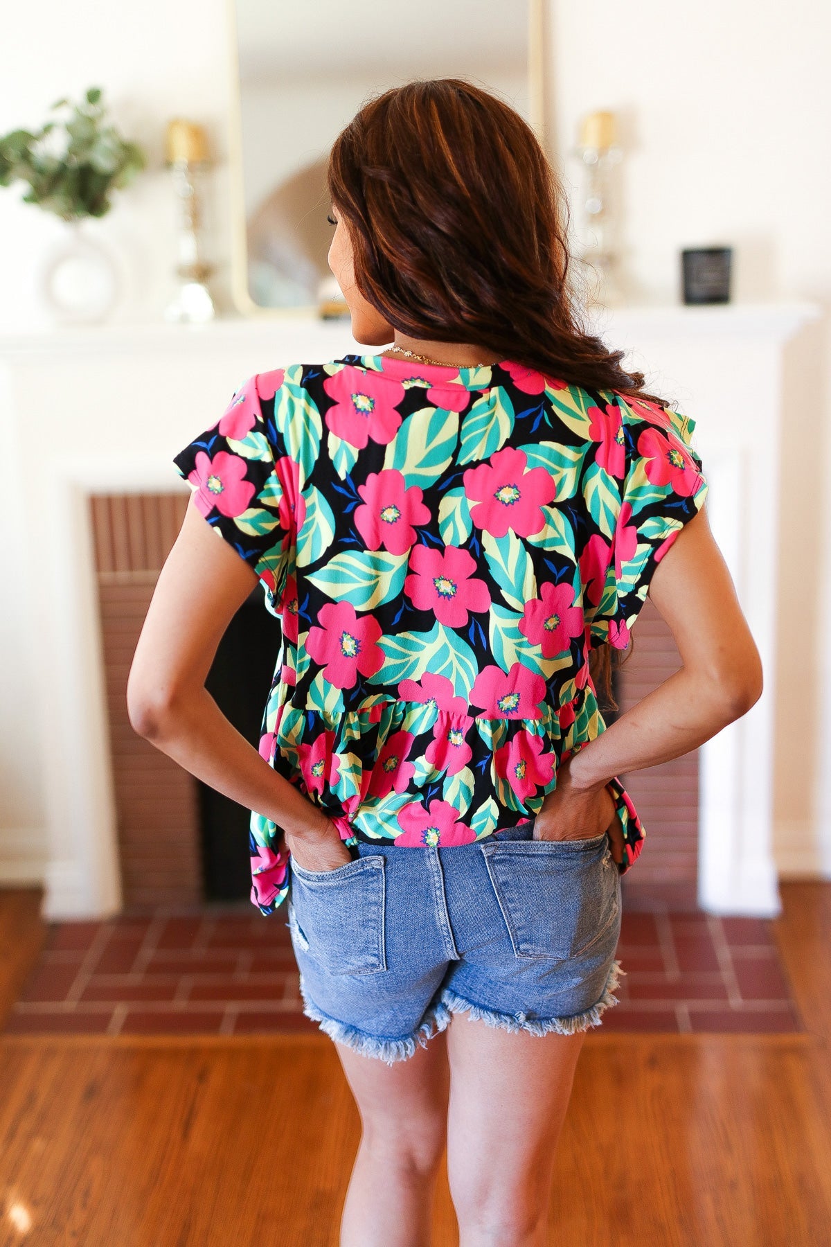Haptics Black & Pink Floral Ruffle Short Sleeve Babydoll Top