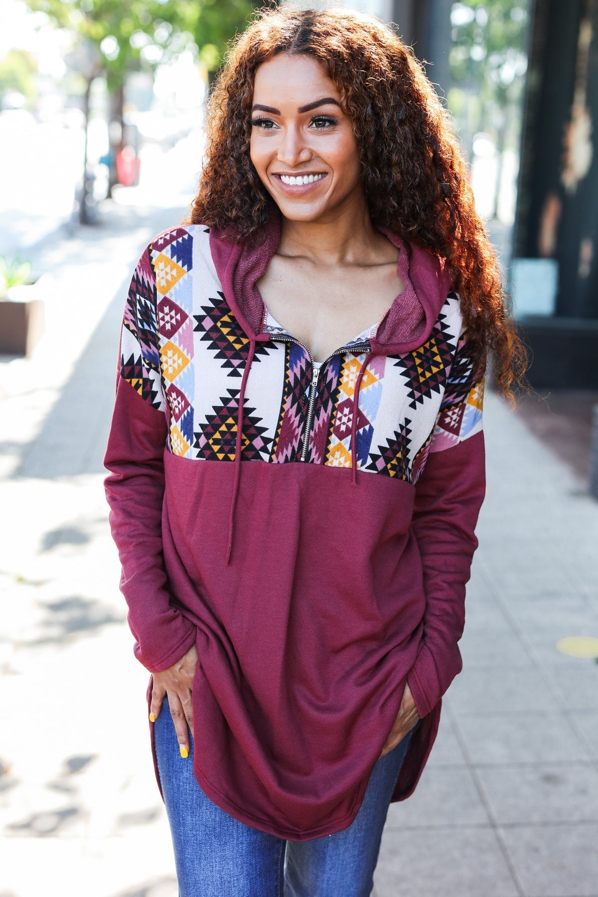 Beeson River Stand Out Burgundy Tribal Print Half Zip Longline Hoodie