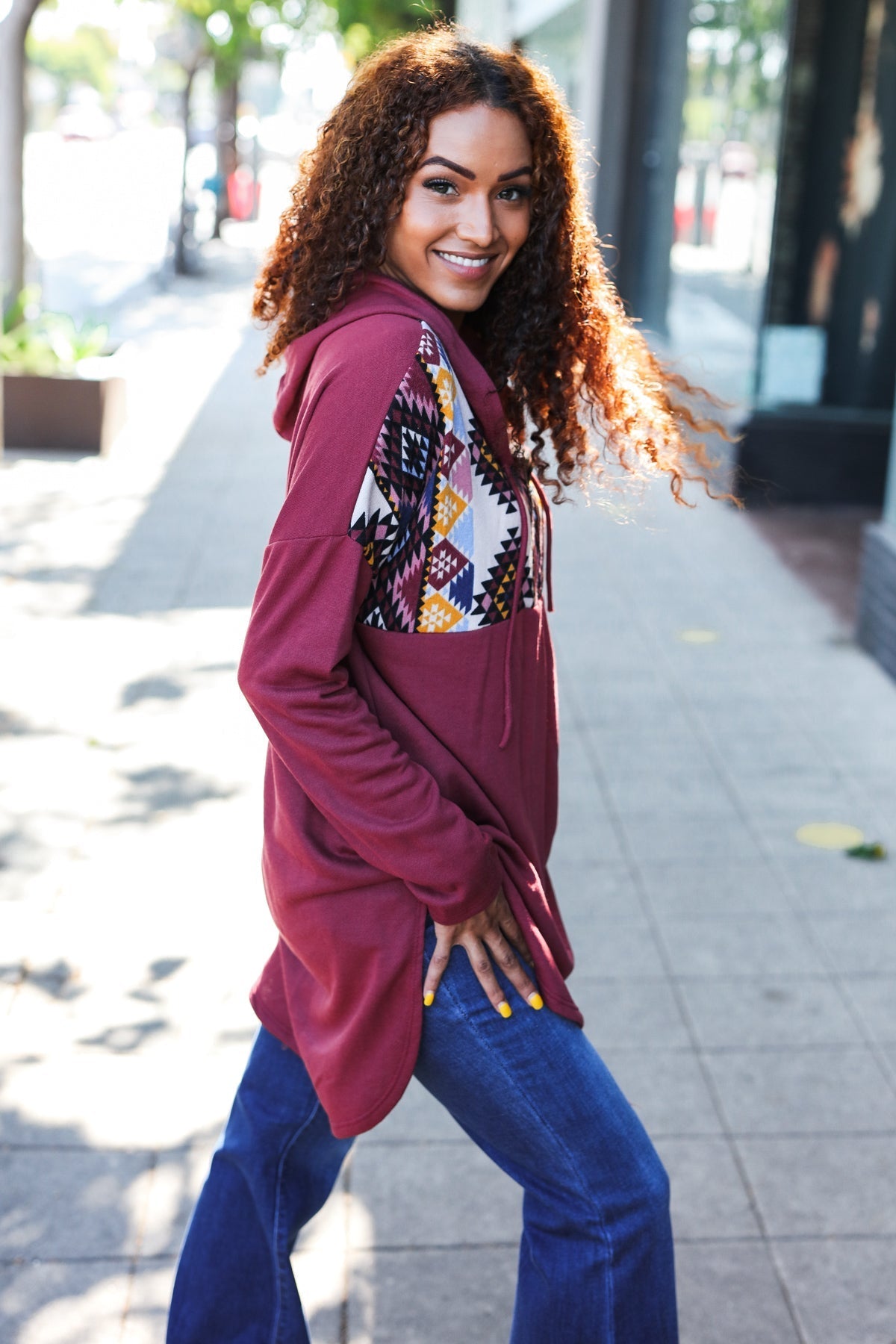 Beeson River Stand Out Burgundy Tribal Print Half Zip Longline Hoodie