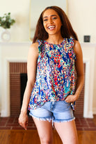 Beeson River Weekend Ready Navy Floral Ruffle Sleeveless Top Beeson River