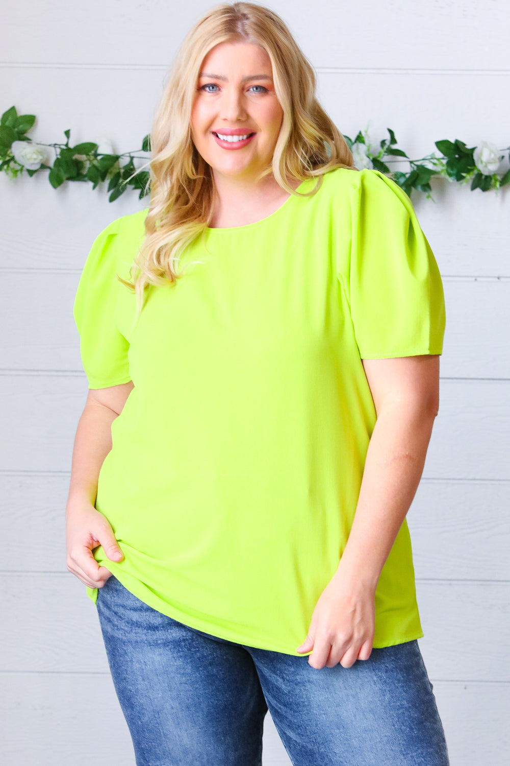 Haptics Neon Green Round Neck Puff Sleeve Crepe Top Haptics