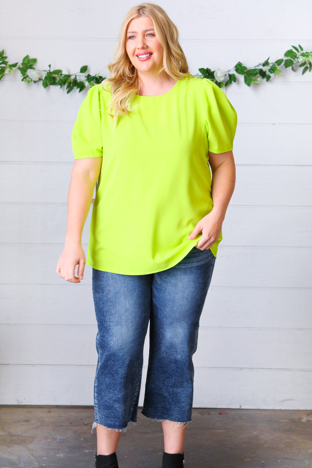 Haptics Neon Green Round Neck Puff Sleeve Crepe Top Haptics