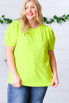 Haptics Neon Green Round Neck Puff Sleeve Crepe Top Haptics