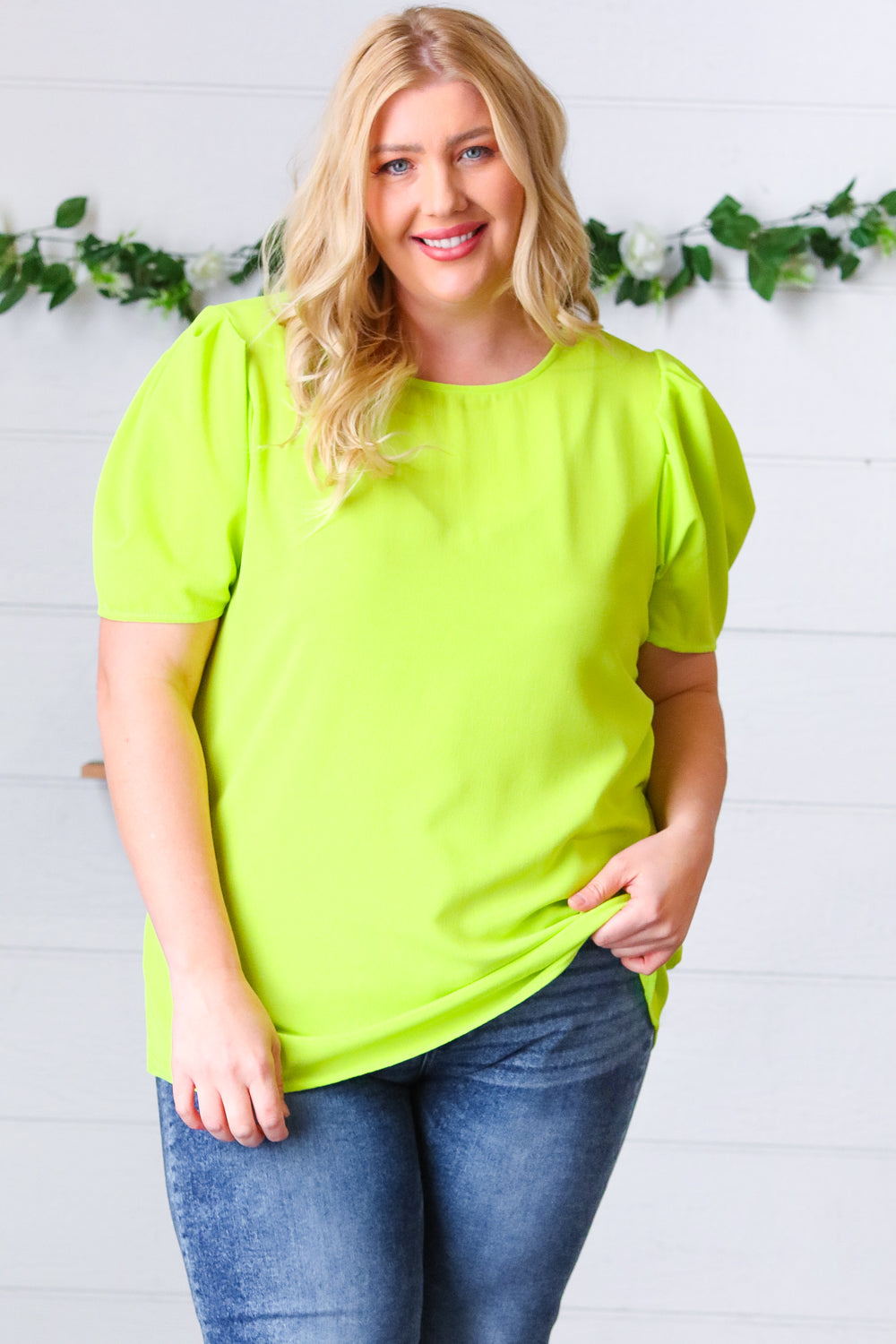 Haptics Neon Green Round Neck Puff Sleeve Crepe Top Haptics