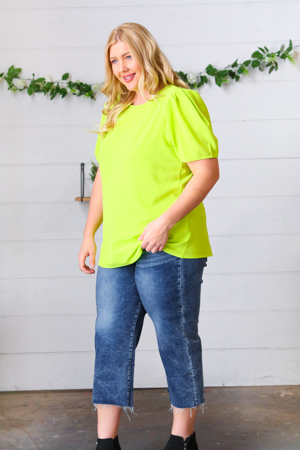 Haptics Neon Green Round Neck Puff Sleeve Crepe Top Haptics