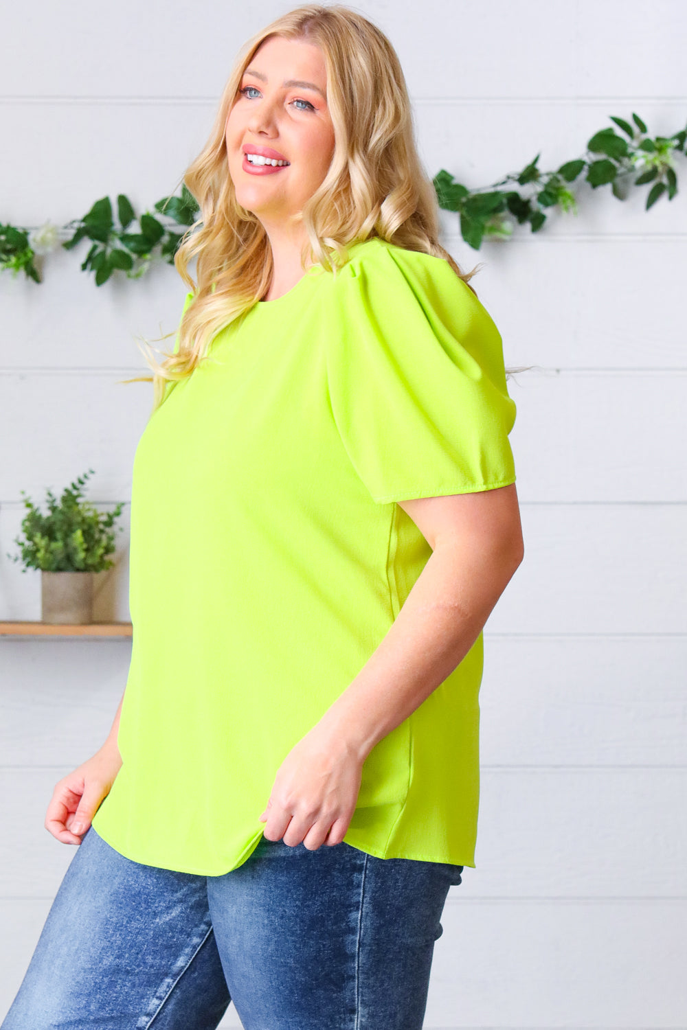 Haptics Neon Green Round Neck Puff Sleeve Crepe Top Haptics