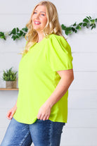 Haptics Neon Green Round Neck Puff Sleeve Crepe Top Haptics