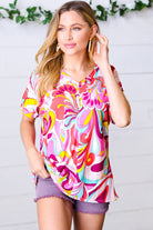 Haptics Orange & Pink Geometric Floral V Neck Top S Final Sale Haptics