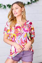 Haptics Orange & Pink Geometric Floral V Neck Top S Final Sale Haptics