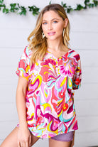 Haptics Orange & Pink Geometric Floral V Neck Top S Final Sale Haptics