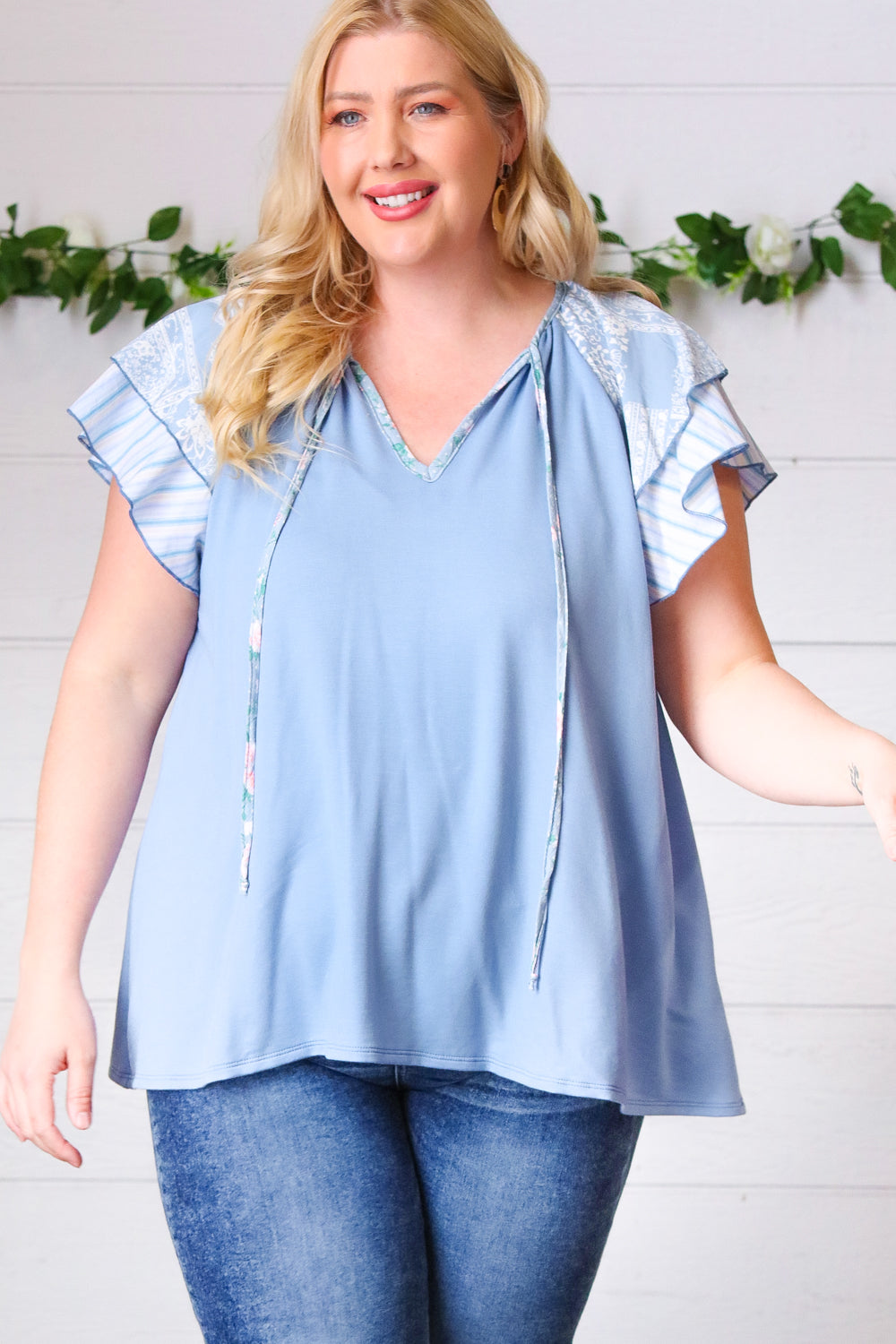 Sugarfox Blue Floral & Stripe V Neck Tie Double Flutter Sleeve Top