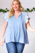 Sugarfox Blue Floral & Stripe V Neck Tie Double Flutter Sleeve Top