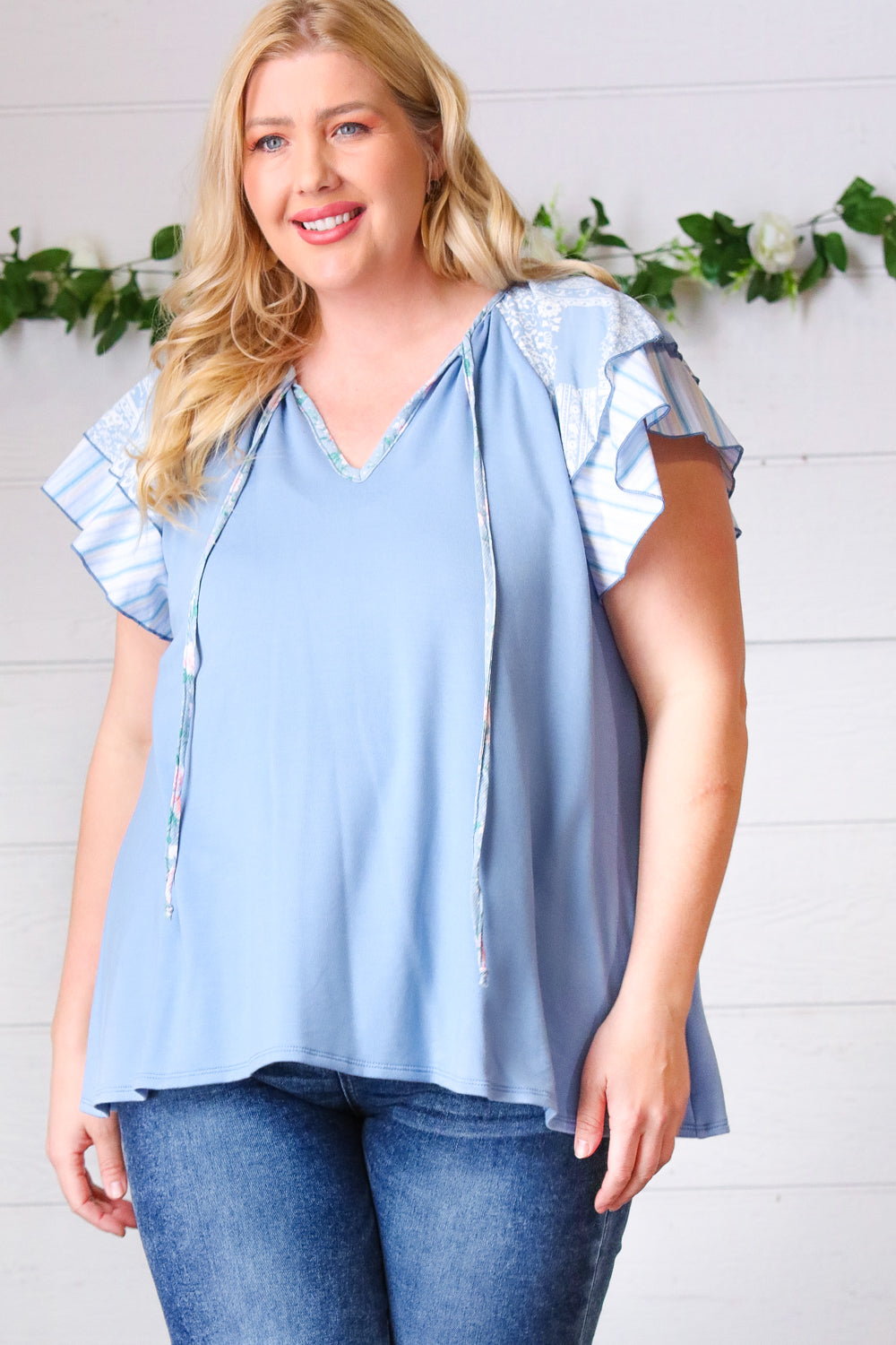 Sugarfox Blue Floral & Stripe V Neck Tie Double Flutter Sleeve Top