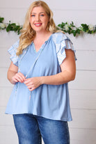 Sugarfox Blue Floral & Stripe V Neck Tie Double Flutter Sleeve Top
