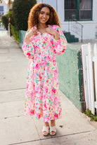 Haptics Frill V-Neck Shirred Waist Pink Floral Maxi Dress Dresses