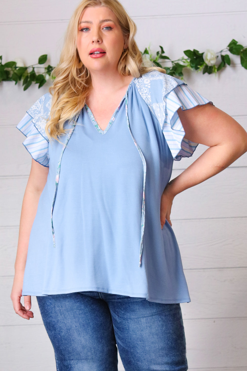 Sugarfox Blue Floral & Stripe V Neck Tie Double Flutter Sleeve Top
