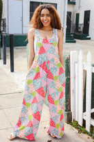 Haptics Coral Multi Printed Patchwork Wide Leg Overalls with Side Pockets