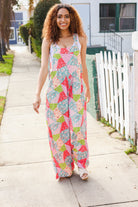 Haptics Coral Multi Printed Patchwork Wide Leg Overalls with Side Pockets