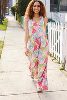 Haptics Coral Multi Printed Patchwork Wide Leg Overalls with Side Pockets