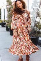 Feeling Femme Mocha Floral Print V Neck Satin Maxi Dress Haptics