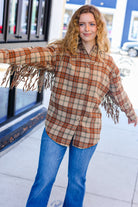 Haptics Boldly You Taupe & Rust Flannel Plaid Fringe Jacket Haptics