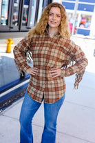 Haptics Boldly You Taupe & Rust Flannel Plaid Fringe Jacket Haptics