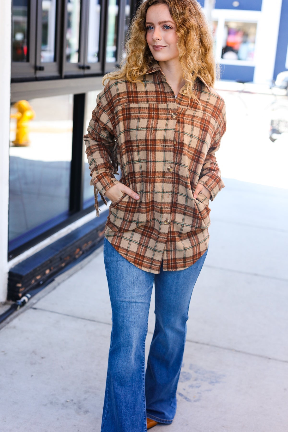 Haptics Boldly You Taupe & Rust Flannel Plaid Fringe Jacket Haptics