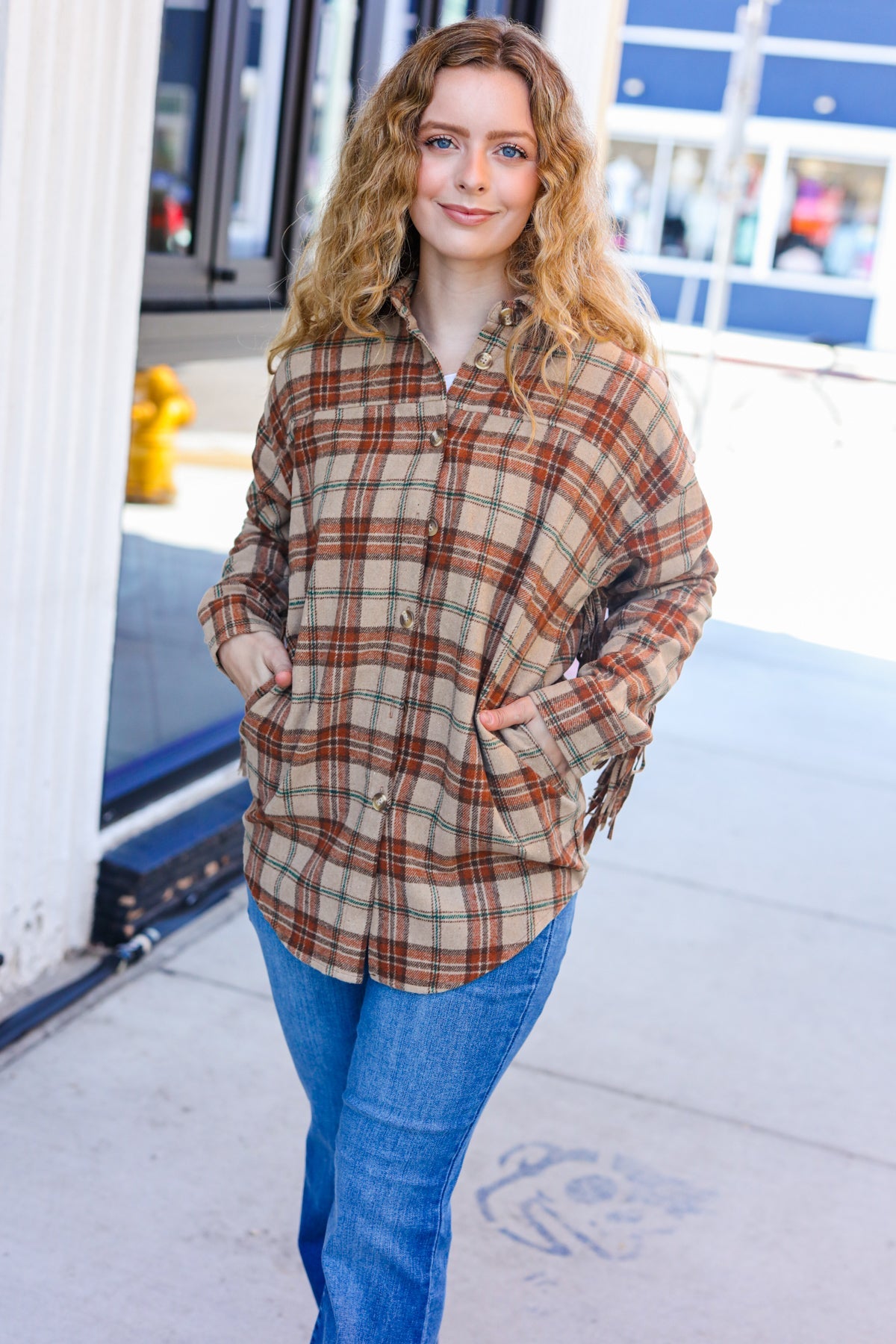 Haptics Boldly You Taupe & Rust Flannel Plaid Fringe Jacket Haptics