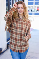 Haptics Boldly You Taupe & Rust Flannel Plaid Fringe Jacket Haptics