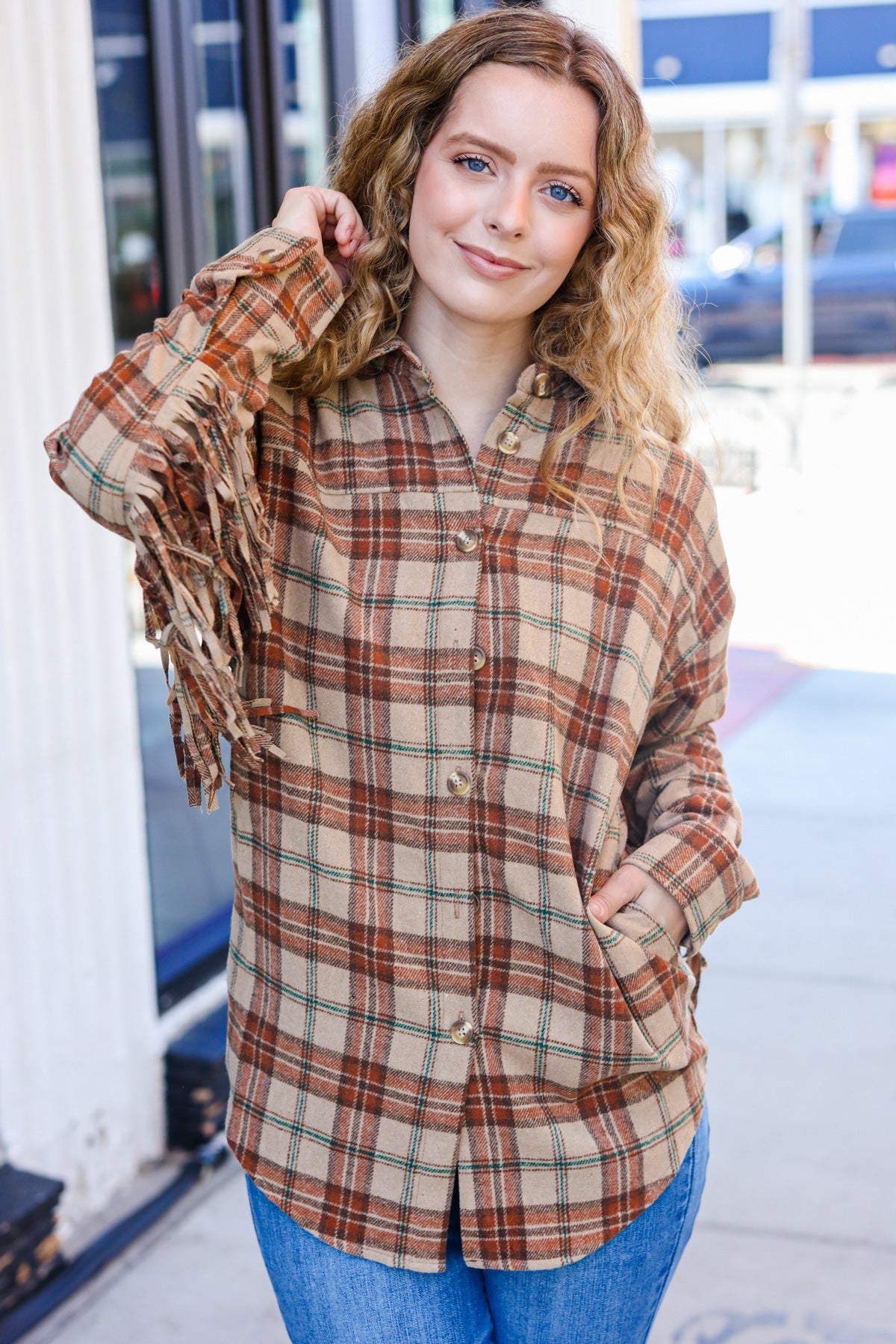 Haptics Boldly You Taupe & Rust Flannel Plaid Fringe Jacket Haptics