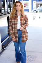 Haptics Boldly You Taupe & Rust Flannel Plaid Fringe Jacket Haptics