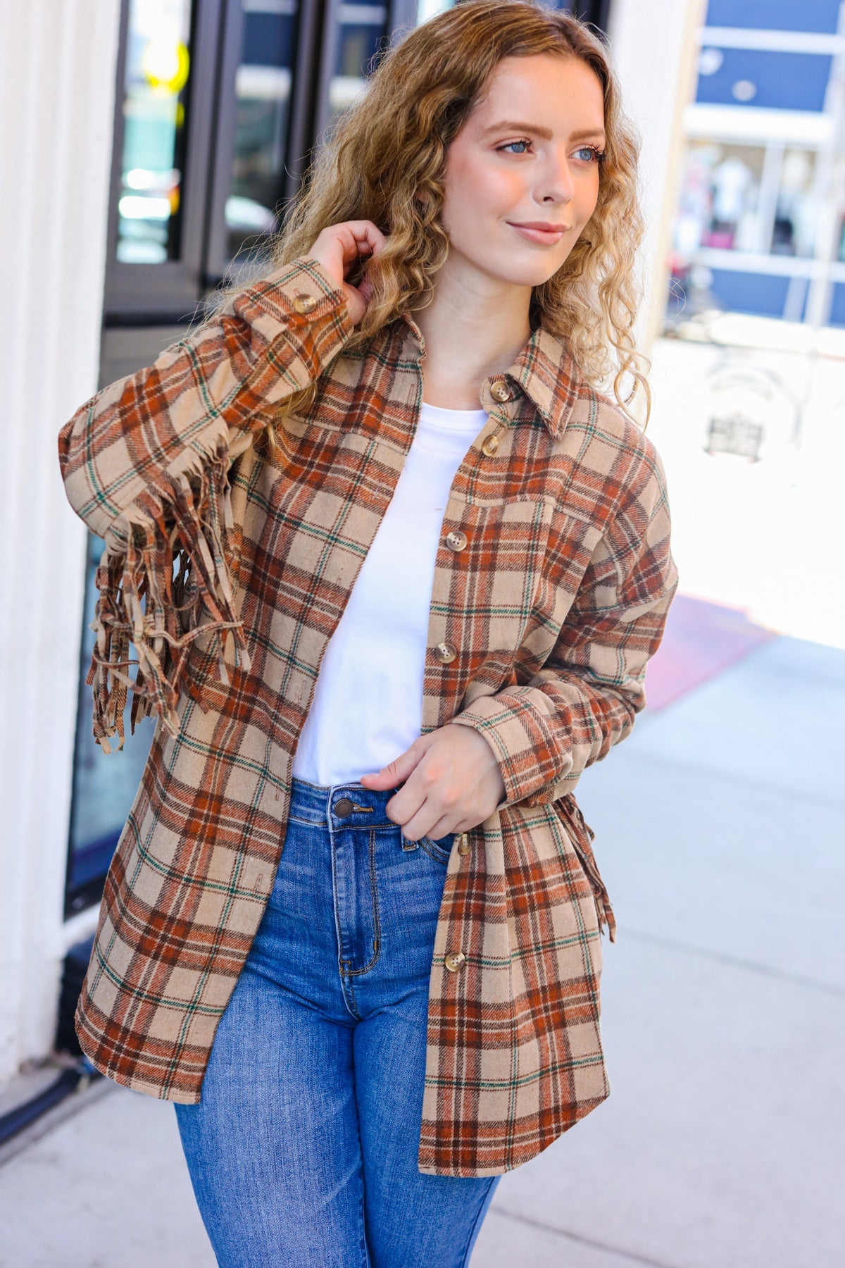 Haptics Boldly You Taupe & Rust Flannel Plaid Fringe Jacket Haptics